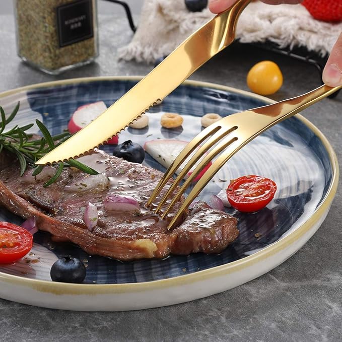 Lemeya Stainless Steel Gold Steak Knives Set of 6,Forge Steak Knife,Serrated Steak Knives Set,6 Piece Heavy Steak Knives-10 inch,Mirror Polished,Dishwasher Safe