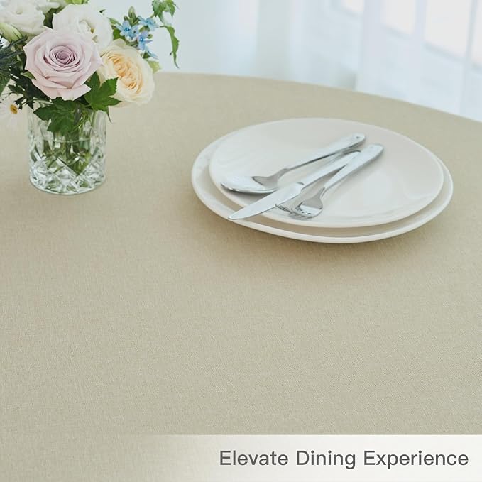 maxmill Round Linen Textured Tablecloth Spill-Proof Stainproof Wrinkle Free Washable Fabric Table Cloth for Circular Table Cover, Dining Room Buffet Banquet Parties Holiday Dinner, 70 Inch Beige