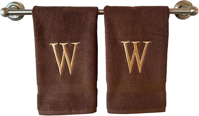 Brown Initial Hand Towel for Bathroom - Monogrammed Luxury Hotel Quality Decorative Embroidered Towel for Powder Room, Spa - GOTS Organic Certified - Set of 2 Beige Letter W