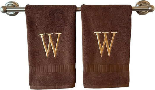 Brown Initial Hand Towel for Bathroom - Monogrammed Luxury Hotel Quality Decorative Embroidered Towel for Powder Room, Spa - GOTS Organic Certified - Set of 2 Beige Letter W