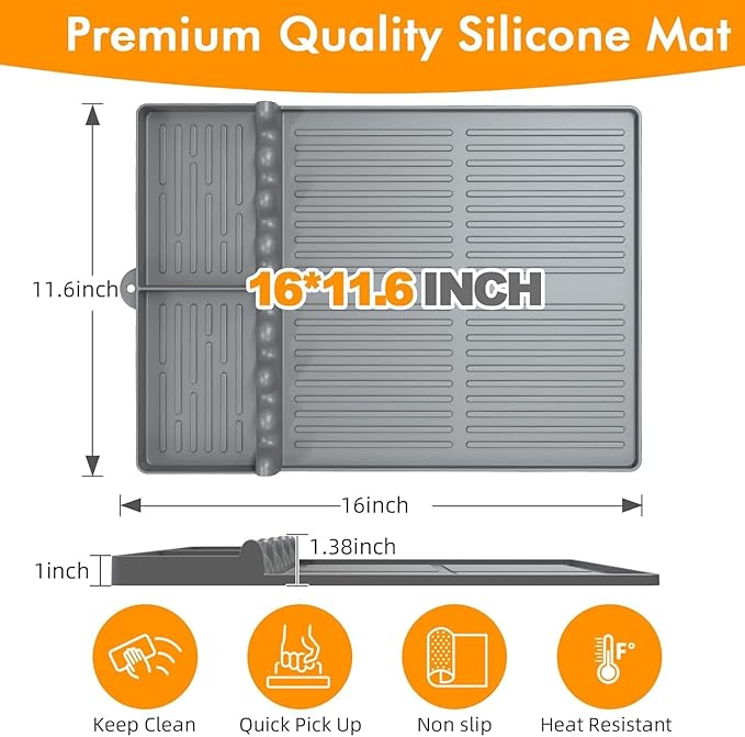 Silicone Griddle Tool Mat Compatible with Blackstone Weber - Flat Top Grill Pellet Smoker Side Shelf Spatula Mat with Drip Pad - Gifts for Men BBQ Grilling Accessories (Grey-2Pcs)