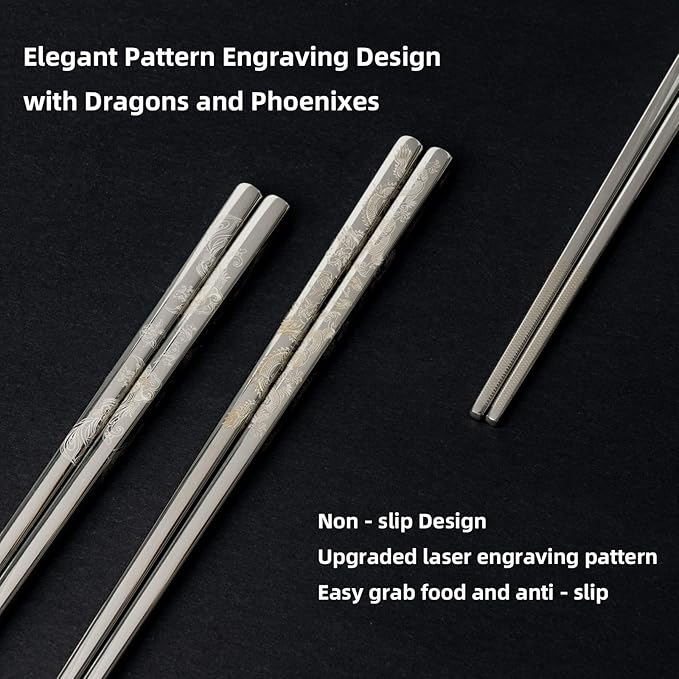 Reusable Metal Chopstick, Laser-Engraved Non-Slip Grip, Dishwasher Safe, Japanese & Korean Style, 2 Pairs Stainless Steel Chopsticks Gift Set for Cooking, Dining & Travel (9")
