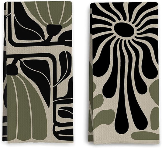 Sage Green Groovy 70s Retro Kitchen Towels Set of 2 - Boho Floral Dish Towels for Kitchen, Boho Hand Towels for Bathroom, Boho Sage Green Bathroom Kitchen Decor, 16x24 Inches