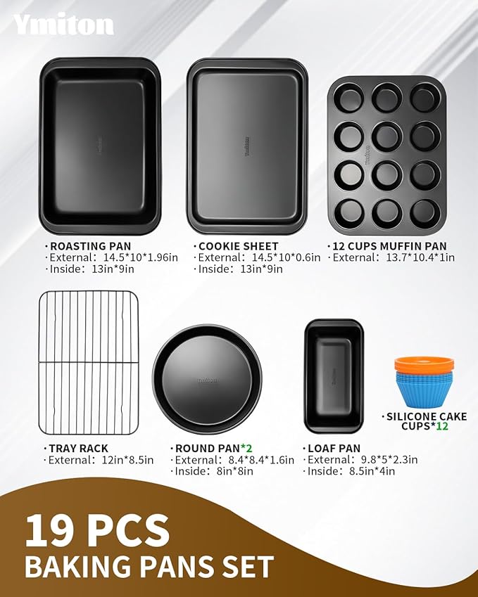 Nonstick Baking Pans Set, 19 PCS Stackable Bakeware Sets, Oven Pan Set Includes Baking Tray, Cookie Sheet, Cake Pans, Loaf Pan, Muffin Pan, Silicone Cups