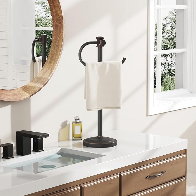 BESy 17 Inch Oil Rubbed Bronze Stand Towel Bar Hanger Hand Towel Bar Bathroom Vanity Countertop Towel Holder Free Standing Stainless Steel Towel Ring Hardware Accessories Towel Rack