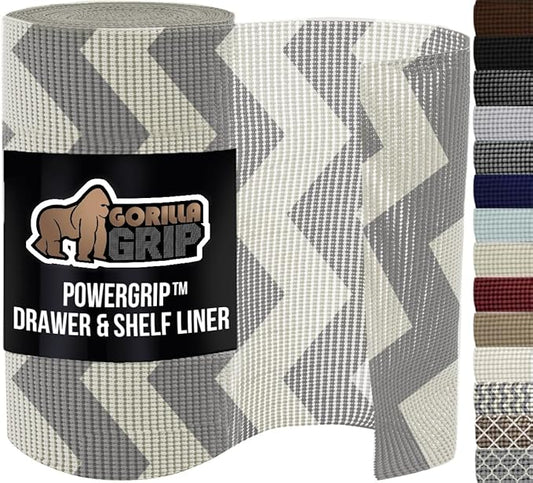 GORILLA GRIP powerGRIP Drawer Shelf and Cabinet Liner, Thick Strong Hold, Non-Adhesive Liners Protect Kitchen Cabinets and Cupboard, Bathroom Drawers, Easy Install, Breathable Mat, 12" x10' Gray White