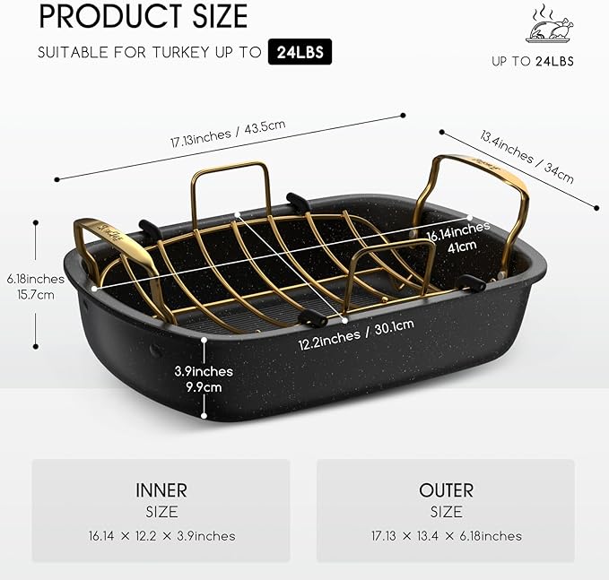 Roasting Pan, 17 Inch x 13 Inch Roaster with Removable Rack, Nonstick Roaster Pan for Roasting Turkey, Meat & Vegetables (Gold)