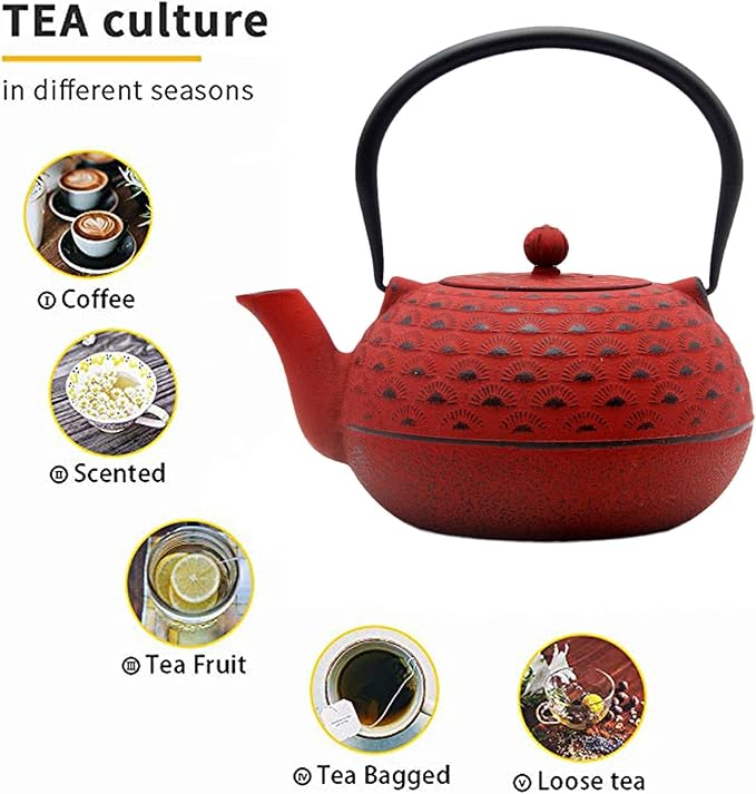 YJX 60.9 fl oz Cast Iron Teapot, Large Tea Kettle for Stove Top, Red Tea Pot with Stainless Steel Infuser for Loose Tea, 1.8L Japanese Enameled Metal Teapot