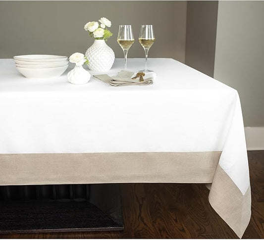 Solino Home Linen Tablecloth 60 x 120 Inch - 100% Pure Linen Natural and White Table Cloth for Rectangle Tables - Contempo, Machine Washable Tablecloth for Winter, New Year