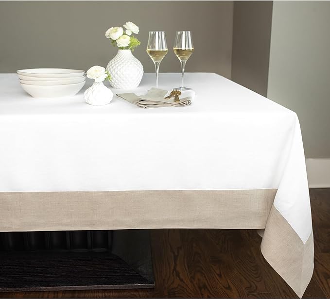 Solino Home Linen Tablecloth 60 x 90 Inch - 100% Pure Linen Natural and White Table Cloth for Rectangle Tables - Contempo, Machine Washable Tablecloth for Winter, New Year