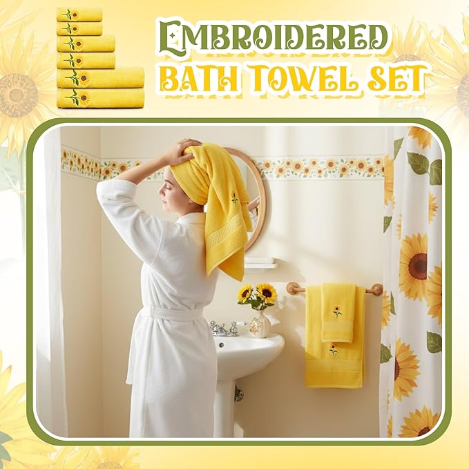 Peryiter 6 Pack Cotton Christmas Bath Towels Set Sunflower Yellow Towels for Bathroom, Soft and Absorbent, Contains 2 Bath Cloth, 2 Hand Cloth and 2 Wash Cloths