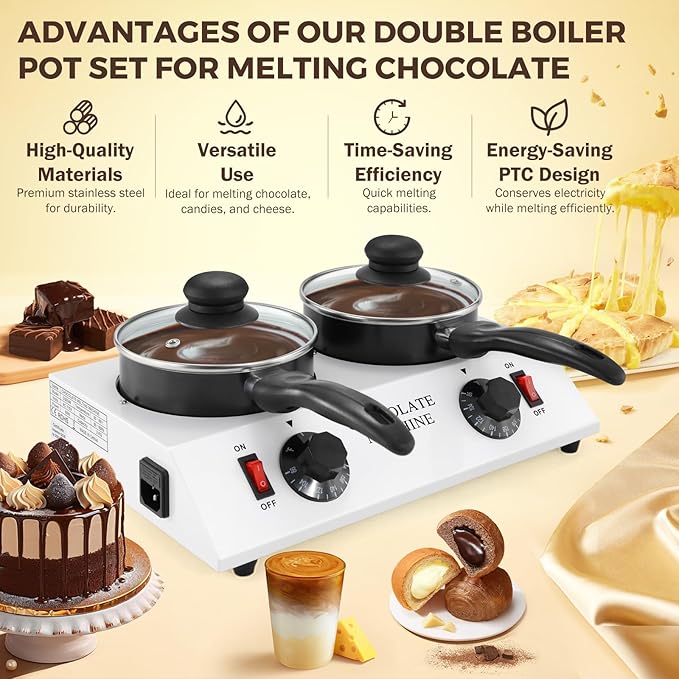 Electric Chocolate Melting Pot - Dual 1L Ceramic Non-Stick Pots, PTC Heating & Precision Thermostat (80W, 110V) for Home/Commercial Chocolate, Candy, Fondue & Hot Beverage