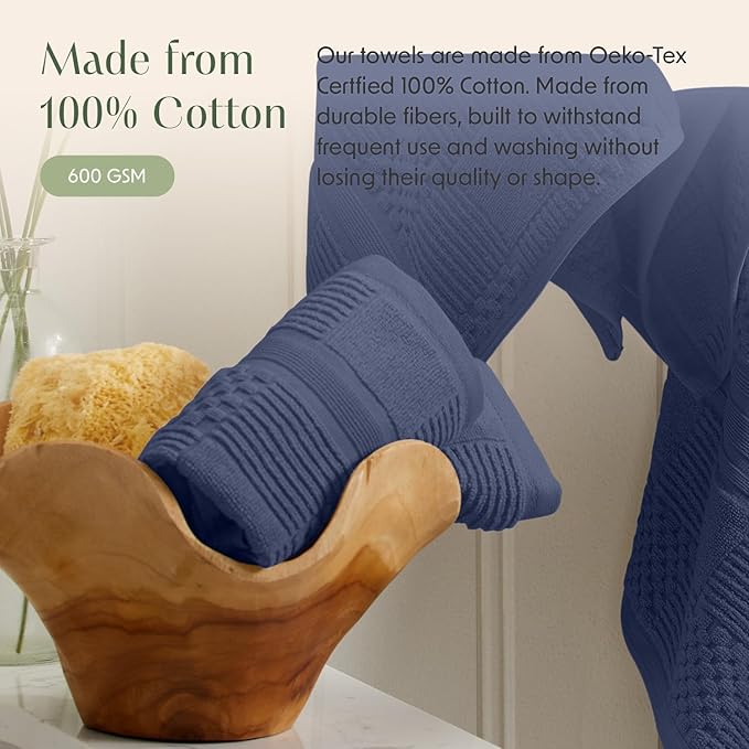 Springtree Home 100% Cotton Bath Towel Set of 4 | Blue Towels | Geometric Textured Design | Absorbent & Quick-Dry | 4 Bath Towels | Oeko-TEX® Standard 100 Cotton | Myla Collection - Indigo