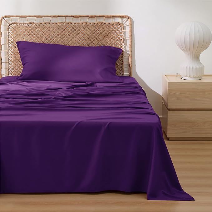 Bedsure Cooling Sheets Twin, Rayon Derived from Bamboo, Breathable & Soft Twin Sheets Set, Deep Pocket Up to 16 Inches, Hotel Luxury Silky Bedding for Hot Sleepers, Plum