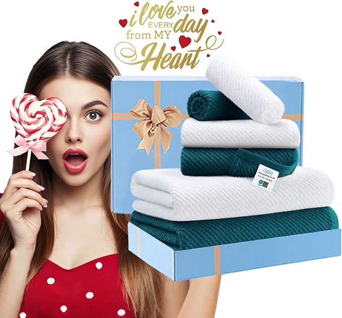 Towels for Bathroom - 100% Cotton | Quick Dry | Lightweight | Thick | Soft, 6 Piece Towel Set, 2 Large Bath 30"x56", 2 Hand 18"x28", 2 Wash Cloths 13"x13", Bathroom Decor Set, Deep Turquoise and White