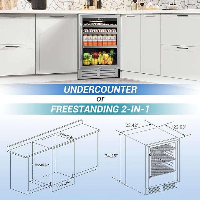 24" Beverage Refrigerator Cooler Under Counter, 180-Can Capacity, 24 Inch Wide Built-In Beer & Drink Fridge with Glass Door With Metal Basket for Home, Bar & Office