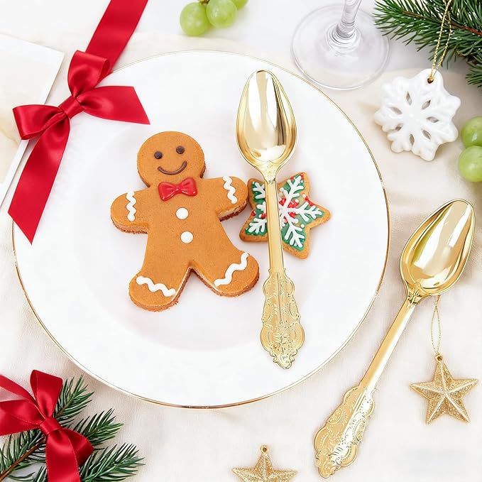 WDF 100 Piece Gold Plastic Spoons Disposable - 6.93 Inch Baroque Gold Spoons Plastic Silverware for Dessert Cake - Heavy Duty for Thanksgiving Party, Wedding or Daily Using