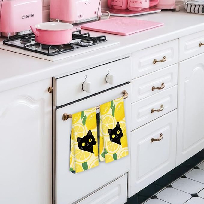 Yellow Lemon Black Cat Gifts Kitchen Dish Towels Set of 2, Farmhouse Summer Fruit Decorative Hand Towels for Bathroom, Cat Lovers Mom Gifts Dish Tea Towel for Kitchen Bathroom, 16x24 Inch