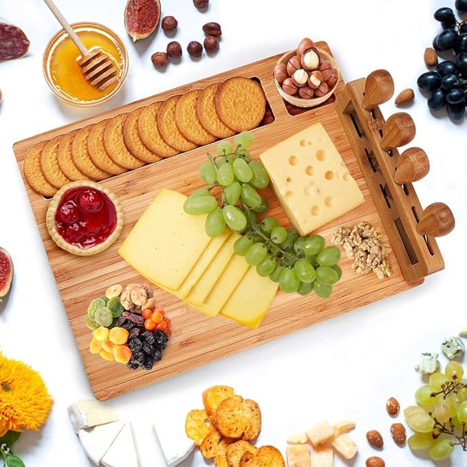 Bamboo Cheese Board Meat Charcuterie Platter Serving Tray W/ 4 Tableware Stainless Steel Knife, Home Kitchen Food Server Plate Cutter Cutlery Tool, Entertain Family Friend Guest as a Gift (14''x11'')