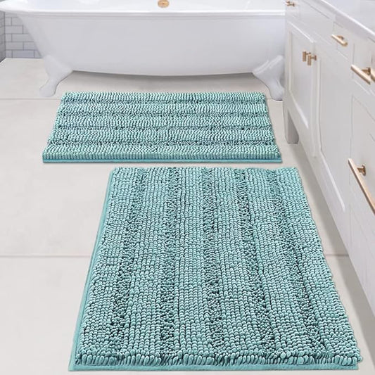 H.VERSAILTEX Bathroom Rugs Bath Mats Sets Super Absorbent Chenille Striped Bath Mats Non Skid Machine Wash Dry Rugs for Bathroom Floor Set of 2(Aqua Haze, 24 x 36 Plus 20 x 32 - Inches)