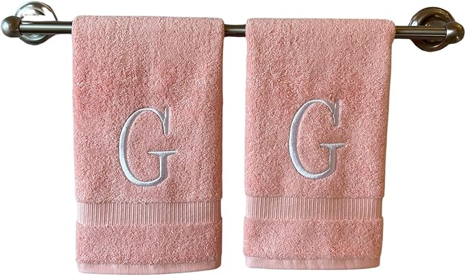 Pink Initial Hand Towel for Bathroom - Monogrammed Luxury Hotel Quality Decorative Embroidered Towel for Powder Room, Spa - GOTS Organic Certified - Set of 2 Letter G
