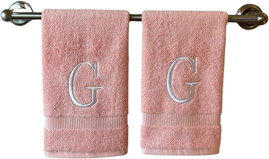 Pink Initial Hand Towel for Bathroom - Monogrammed Luxury Hotel Quality Decorative Embroidered Towel for Powder Room, Spa - GOTS Organic Certified - Set of 2 Letter G