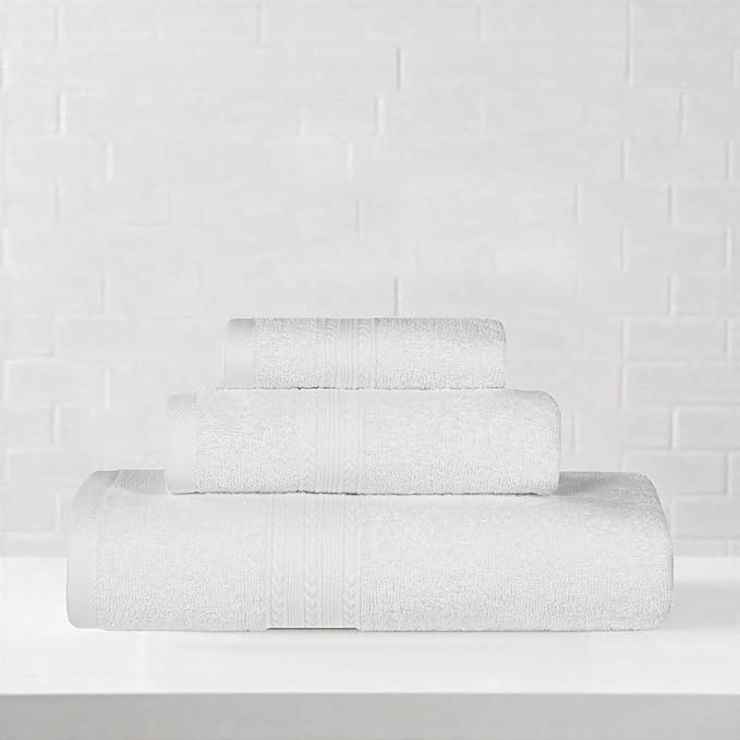 Superior Eco-Friendly Cotton 3-Piece Towel Set, Bathroom, Shower, Quick Dry Home Essentials, Lightweight, Sustainable Towels, 1 Bath, 1 Hand, 1 Face Towel, Washcloth, Highly Absorbent, White