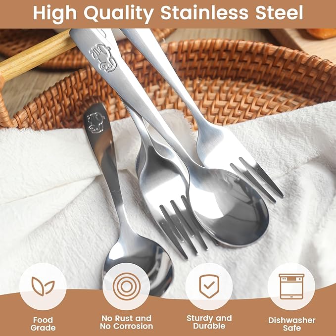 HAKSEN 12PCS Toddler Utensils, Stainless Steel Kids Silverware, Safe Toddler Forks and Spoons, Mirror Polished, Dishwasher Safe, with Bunny & Puppy Motifs, Fun Stocking Stuffers for Kids