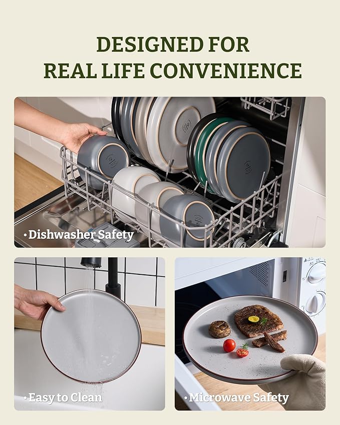 Famiware Mercury Plates and Bowls Sets, 12 Pieces Stoneware Dinnerware Sets, Dishes Set for 4, Microwave and Dishwasher Safe, Light Grey