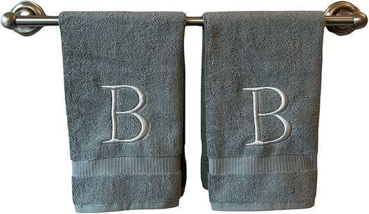 Gray Initial Hand Towel for Bathroom - Monogrammed Luxury Hotel Quality Decorative Embroidered Towel for Powder Room, Spa - GOTS Organic Certified - Set of 2 Silver Letter B