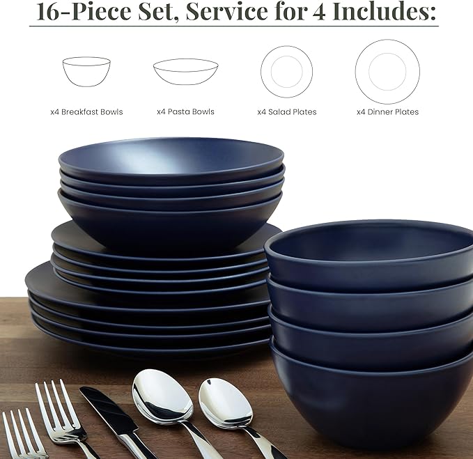 Larder & Vine Ceramic Stoneware Dinnerware 16-Piece Set, 4 Place Settings (Indigo)