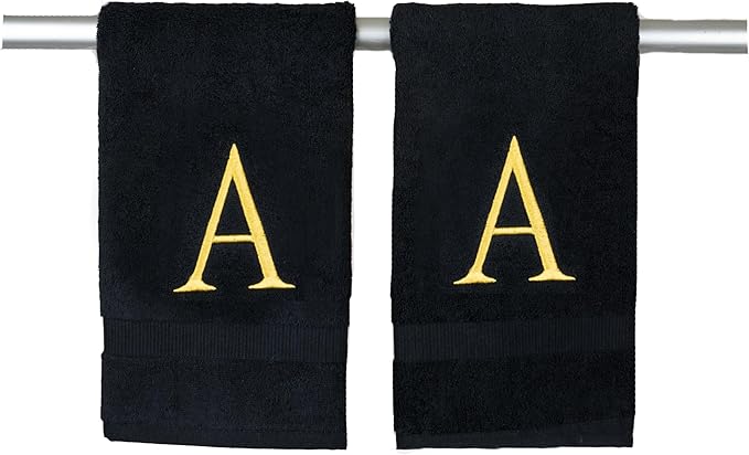 Black Monogrammed Hand Towels for Bathroom- Black and Gold Luxury Hotel Quality Personalized Initial Decorative Embroidered for Powder Room, Spa-GOTS Organic Certified - Pack of 2, Letter A