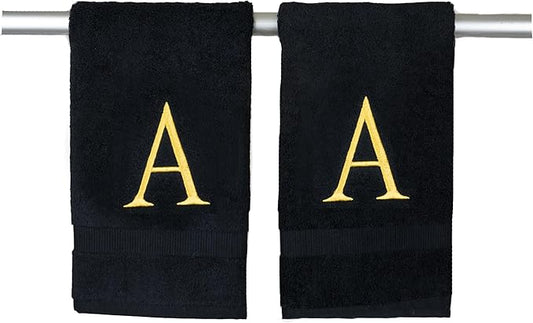 Black Monogrammed Hand Towels for Bathroom- Black and Gold Luxury Hotel Quality Personalized Initial Decorative Embroidered for Powder Room, Spa-GOTS Organic Certified - Pack of 2, Letter A