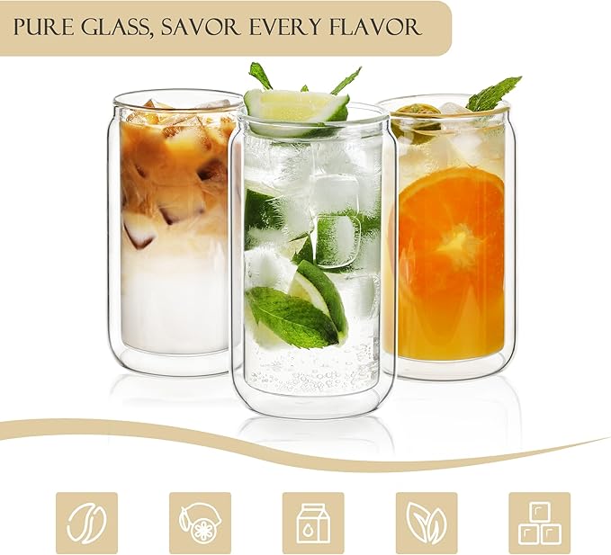 LIBWYS 12oz Double Wall Drinking Glass Cups with Bamboo Lids and Straws, 2 Pc Set – Condensation Resistant Insulated Glass Can Tumblers for Cold Drinks, Iced Coffee, Tea, Juice, Cleaning Brush