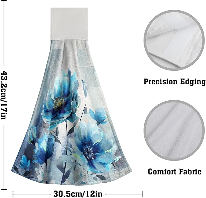 Giwawa Blue Floral Hanging Kitchen Towels 2 Pieces Watercolor Flower Dish Cloth Soft Absorbent Tie Towels Tea Bar Towels for Hotel Toilet Home