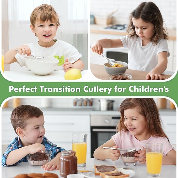 DRKIO Stainless Steel Toddler Spoons Set - 12 Pieces Kids Spoons Set Children Safe Food Grade Kids Silverware Small Spoon Metal Toddler Utensils Dishwasher Safe Mirror Polished