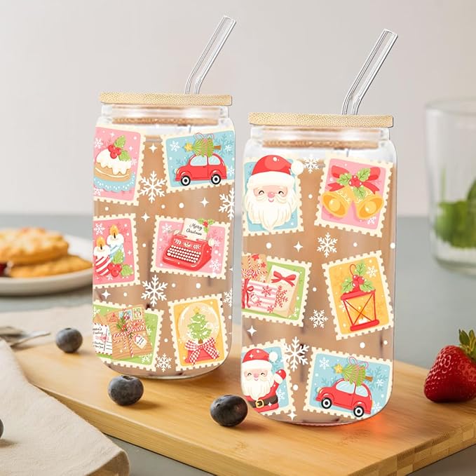 Christmas Gift Stamp Iced Coffee Cup, Aesthetic Glass Tumbler, 16 oz Santa Coffee Glass Cup with Lid Straw, Christmas Stocking Stuffers, Gifts for Women Teen Girls