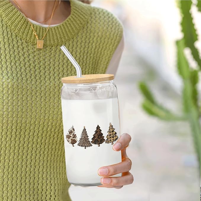 leopard Christmas Tree gifts Glass Coffee Cup With Lid And Straws 14oz - Merry Christmas Drinking Jar Gift For Women Kids Men,Glass Cup For leopard Xmas Decor