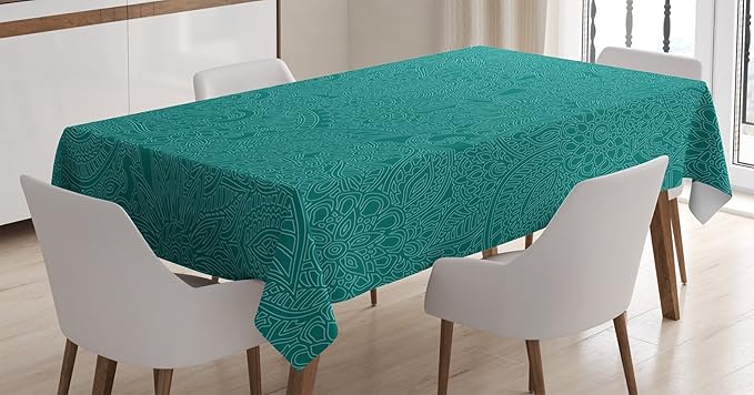 Ambesonne Teal Tablecloth, Abstract Huge Flowers with Paisley Pattern Flourishes Traditional Ornate Doodle Art Print, Rectangular Table Cover for Dining Room Kitchen Decor, 52" X 70", Teal