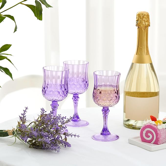 Pinkunn 50 Pcs 7 oz Plastic Vintage Wine Glasses Reusable Colored Goblets Patterned Drinking Water Glasses Cup Dishwasher Safe for Christmas Wedding Reception Party Supplies (Purple)