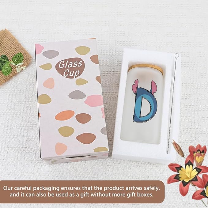 Cute Cartoon Lover Gifts Initial A-Z Personalized Iced Coffee Cup Cartoon Merch 16oz Glass Cup with Lid and Straws Birthday Christmas Gifts for Women Teen Girls Fans (Letter D)