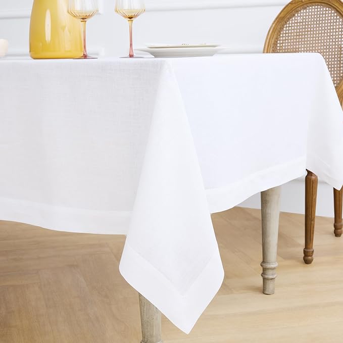 Solino Home White Linen Tablecloth 60 x 144 Inch - 100% Pure Linen Table Cloth for Rectangle Tables - Fete, Machine Washable Tablecloth for Winter, Valentines, Holiday, New Year