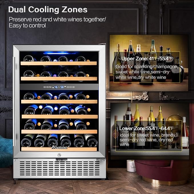 AAOBOSI 24 Inch 51 Bottles Wine Fridge, 41-64.4°F Dual Zone Wine Cooler, 6 Adjustable Shelves，Visualized Temperature Regulation，Temperature Memory Function，Double-Layer Glass Door