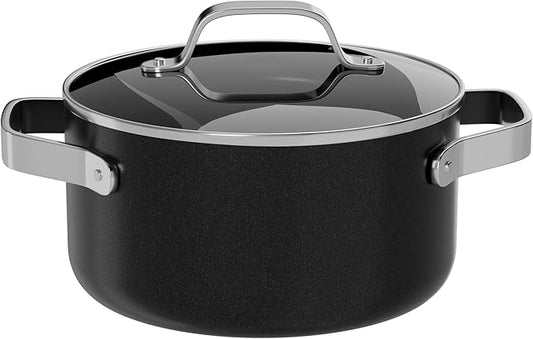 Bakken 5 Quart Ceramic Coated Stock Pot with Lid, Easy to Clean Nonstick Pot, Tempered Glass Lid, Riveted Stainless Steel Handles, Oven Safe Up To 500°F, PTFE & PFAS Free, All Stove Compatible, Black