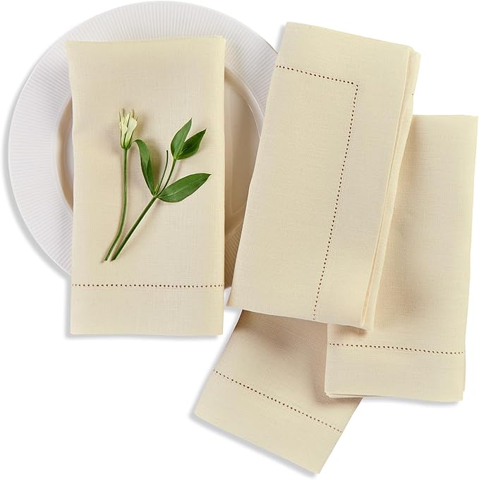 Solino Home Linen Cloth Napkins Set of 4-100% Pure Linen Creamy Ivory Dinner Napkins 20 x 20 Inch - Medium Weight Hemstitch, Handcrafted and Machine Washable