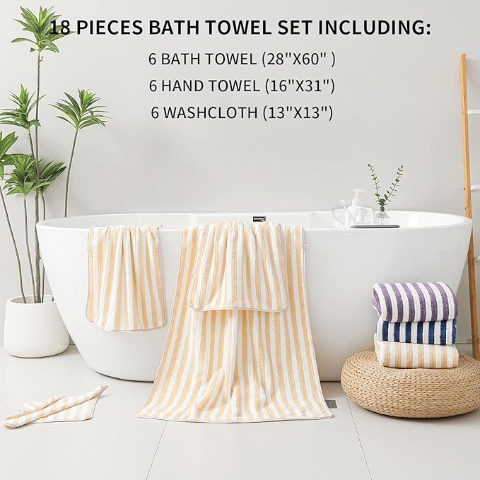 18-Piece Microfiber Bath Towels Set - 6 Bath Sheet, 6 Hand Towels, 6 Washcloths, Soft, Highly Absorbent Bathroom Towel, Quick Dry & Less Lint Shower towel for Bathroom, Hotel, Spa, Dorm-Apricot Yellow