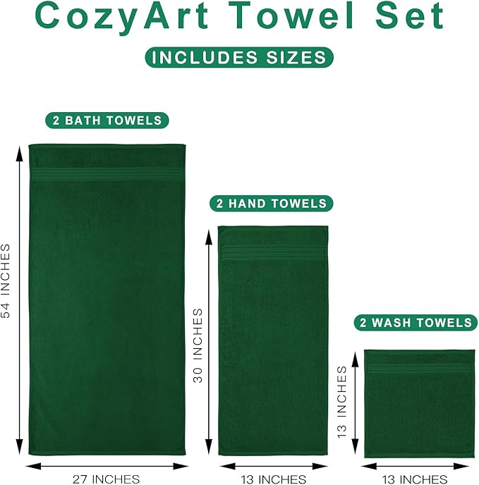 COZYART Formal Green Bath Towel Set 6 Piece, Luxury 100% Turkish Cotton 650GSM Hotel Quality, Soft, Absorbent,Towel Sets for Bathroom | 2 Bath Towels 2 Hand Towels 2 Washcloths