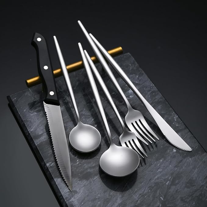 24 Pieces Silverware Set with Steak Knife, Stainless Steel Silver Flatware Set for 4, Satin Finish Spoons and Forks Silverware Set, Cutlery Utensils Set, Dishwasher Safe
