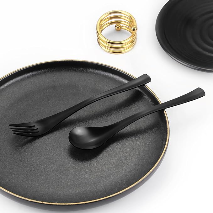 Bysta 24 Piece Black Silverware Set, Knife Fork Spoon Set, Stainless Steel Flatware Cutlery Set, Kitchen Utensil Set Service for 8, Tableware Set for Home and Restaurant, Dishwasher Safe, Satin Finish