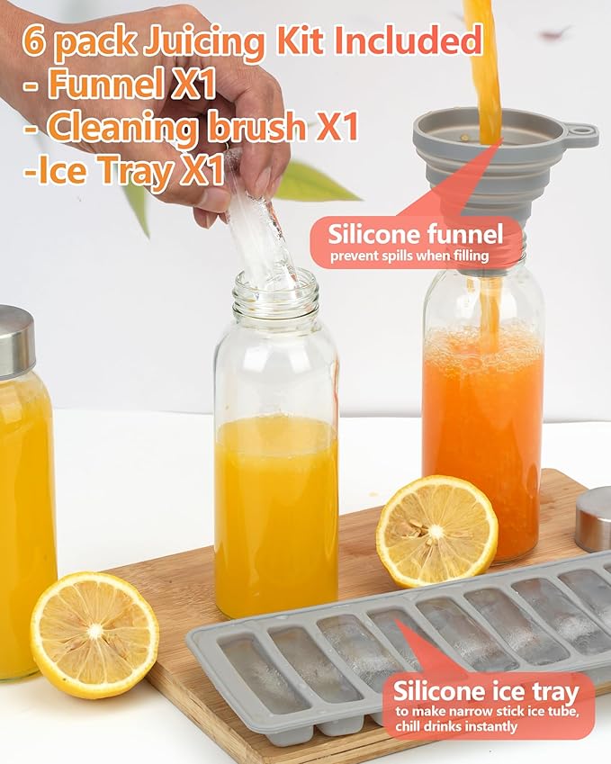 Zukro Glass Water Bottles with Lids 10.5 oz, 6 Pack Clear Reusable Glass Small Juice Bottles With Stainless Steel Cap for Juicing, Milk, Ginger Shot, BPA-Free Leak Proof 300ml Drinking Container Jar